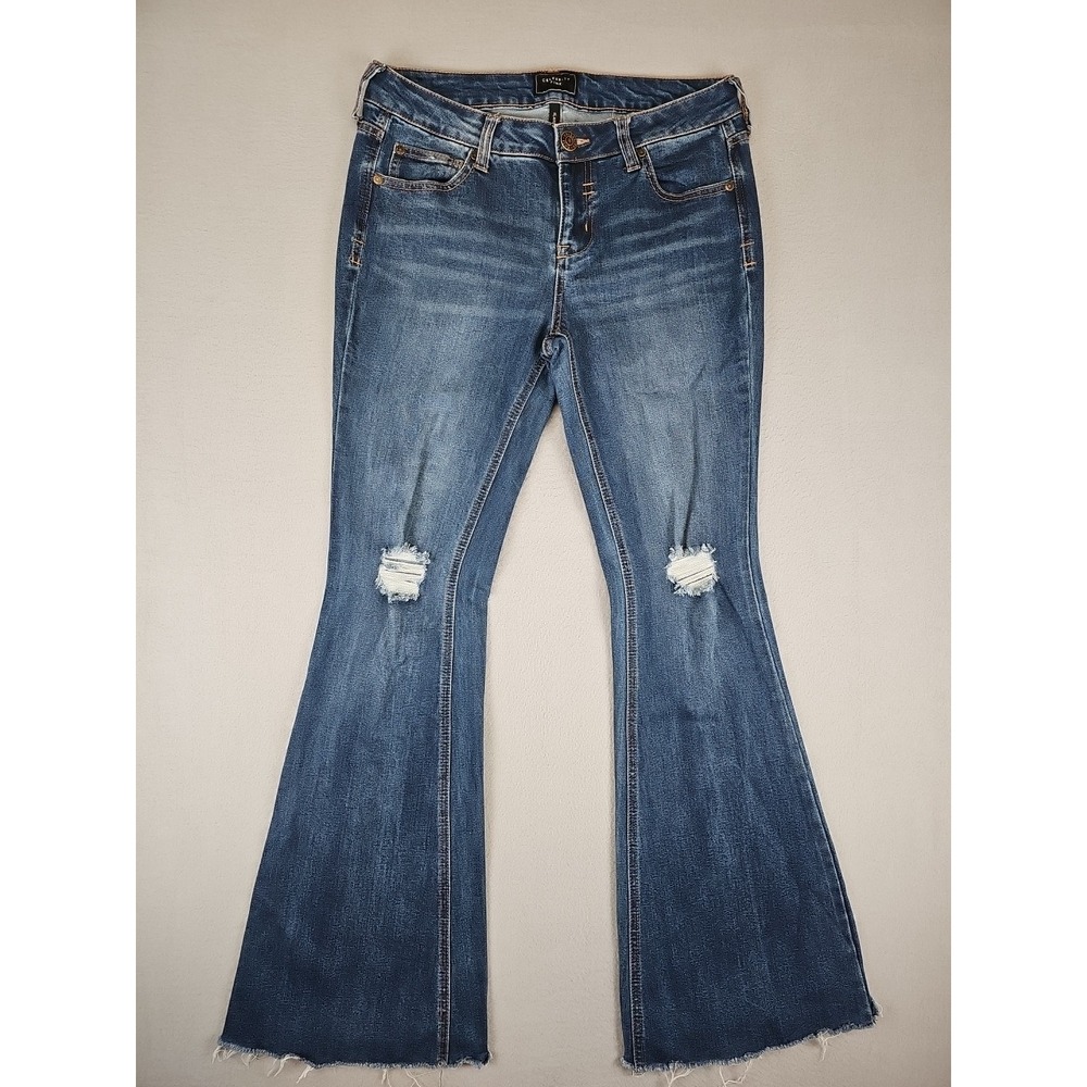 Celebrity‎ Pink Flare Distressed Mid Rise Stretch Raw Hem Jeans Size 30x31 BOHO